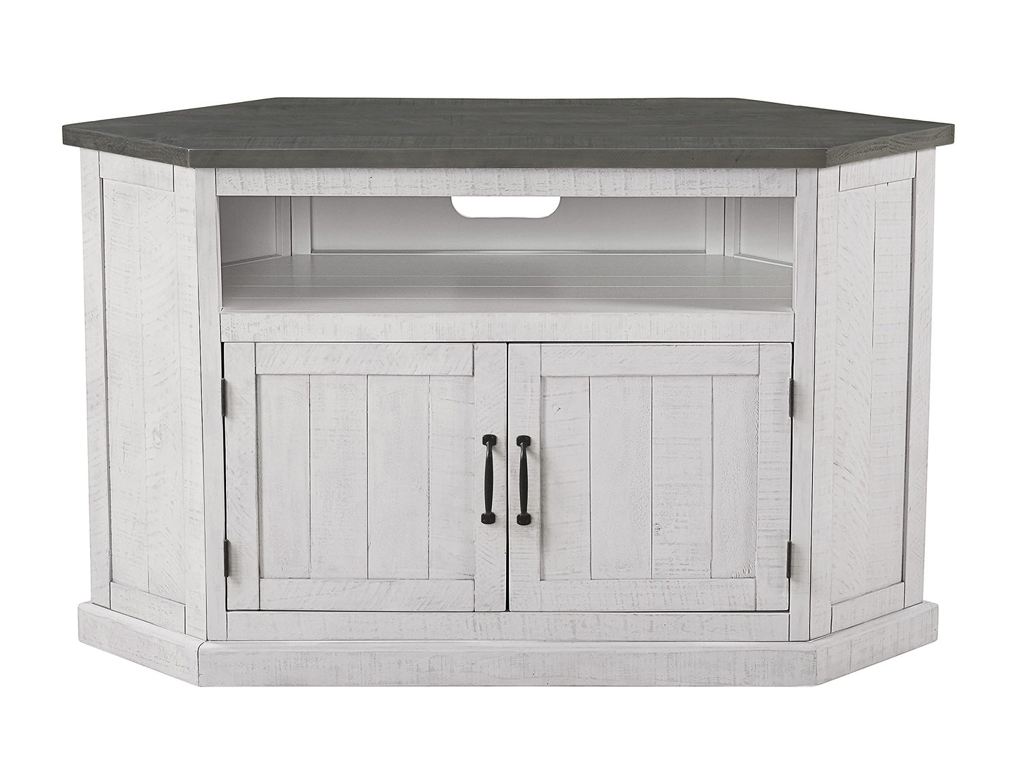 Martin Svensson Home Rustic Solid Wood Corner TV Stand, White Stain with Grey Stain Top - WoodArtSupply