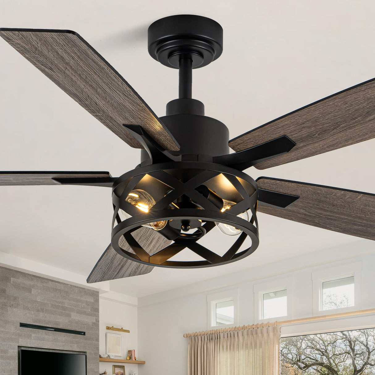 Dawn Whisper 52 Inch Farmhouse Ceiling Fans with Lights and Remote Quiet and Reversible DC Motor Black Industrial Rustic Caged Ceiling Fan for Bedroom Living Room Covered Patio Dawn Whisper