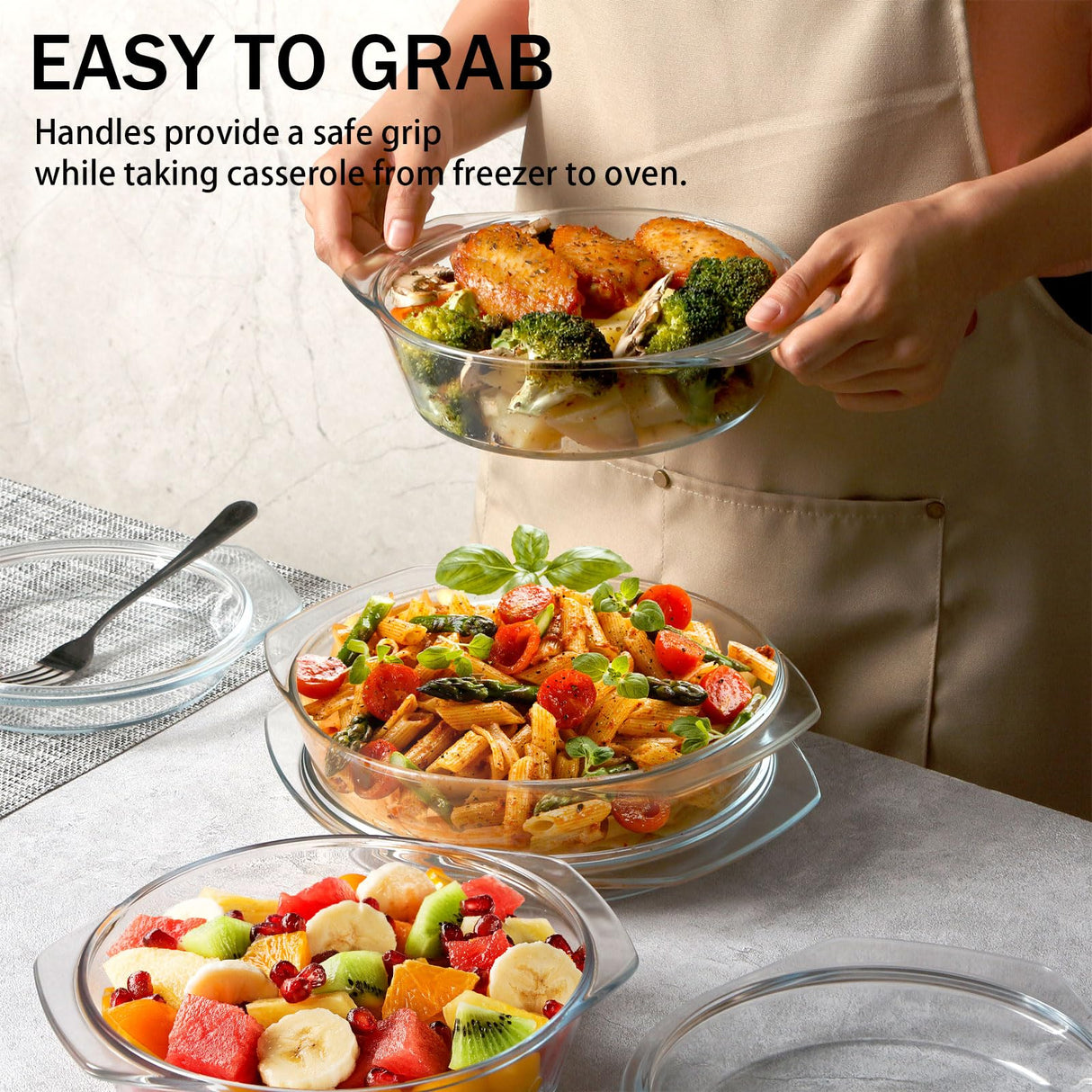 ZYER Round Glass Casserole Dish Set, Glass Casseroles Cookware with Glass Lid, Glass Casserole Dish With Lid(Set of 3-1L+1.4L+1.7L) ZYER