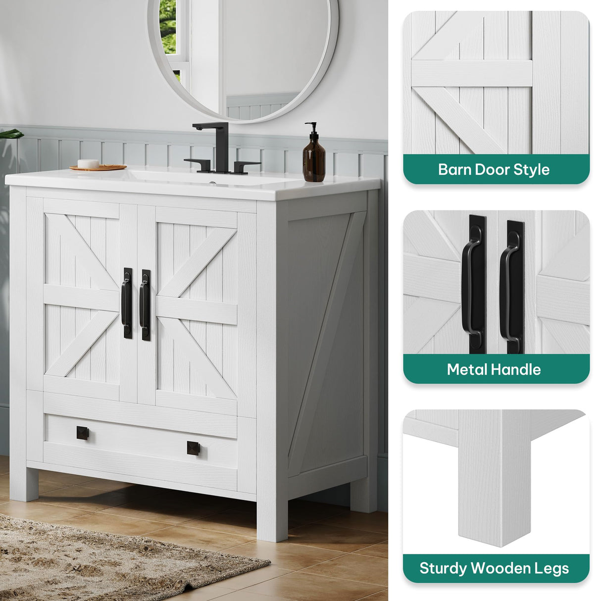YITAHOME 30" Farmhouse Bathroom Vanity with Sink Combo, Small Space Bathroom Storage Cabinet with Large Drawer, 2 Soft-Closing Wood Barn Doors with Built-in Shelves, White YITAHOME