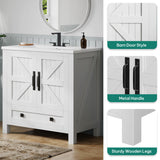 YITAHOME 30" Farmhouse Bathroom Vanity with Sink Combo, Small Space Bathroom Storage Cabinet with Large Drawer, 2 Soft-Closing Wood Barn Doors with Built-in Shelves, White YITAHOME