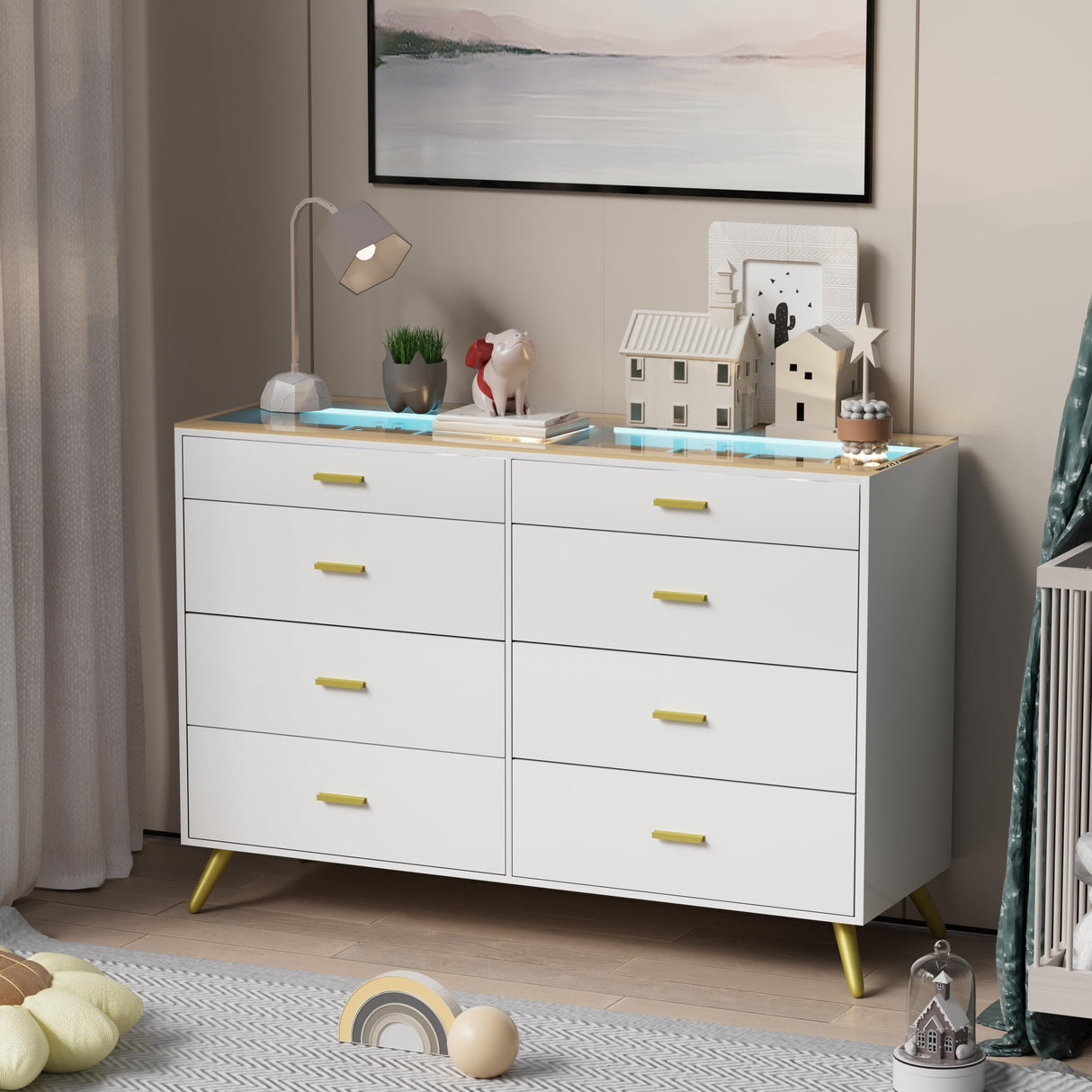 SDMY White Dresser for Bedroom,8 Drawer Dresser,Wide Chest of Drawers with LED Lights,Visual Desktop,Grid Drawer Storage Compartments,Modern Large Capacity Storage Cabinet for Living Room,Entryway SDMY