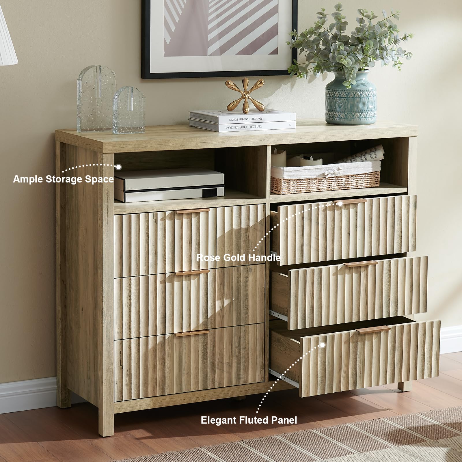 OAKHAM HOME 6 Drawer Dresser Fluted 6 Drawers Dresser Wood Modern Chest of Drawers with 2 Open Shelves, Wide Drawer Organizer Thickened Board Dresser TV Stand for Bedroom(Sunwashed Ash Oak) - WoodArtSupply