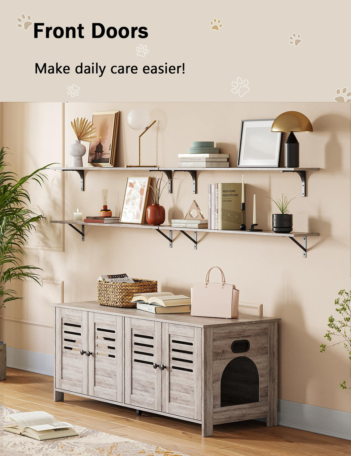 DINZI LVJ Litter Box Enclosure for 2 Cats, Hidden Litter Box Furniture with Double Rooms, Dual Cat Litter House, Front Doors, 47.2" Wooden Hidden Cat Washroom, Side End Table, TV Stand, Greige DINZI LVJ