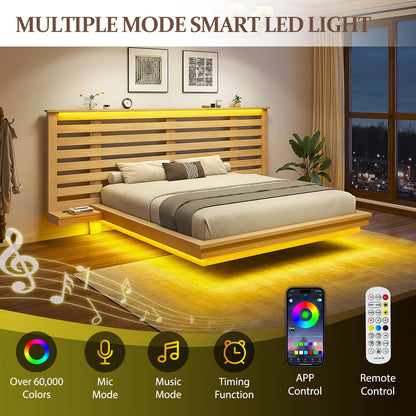 LUXOAK Maple Yellow Farmhouse Full Floating Bed Frame with LED Lighting & Charging Station - WoodArtSupply