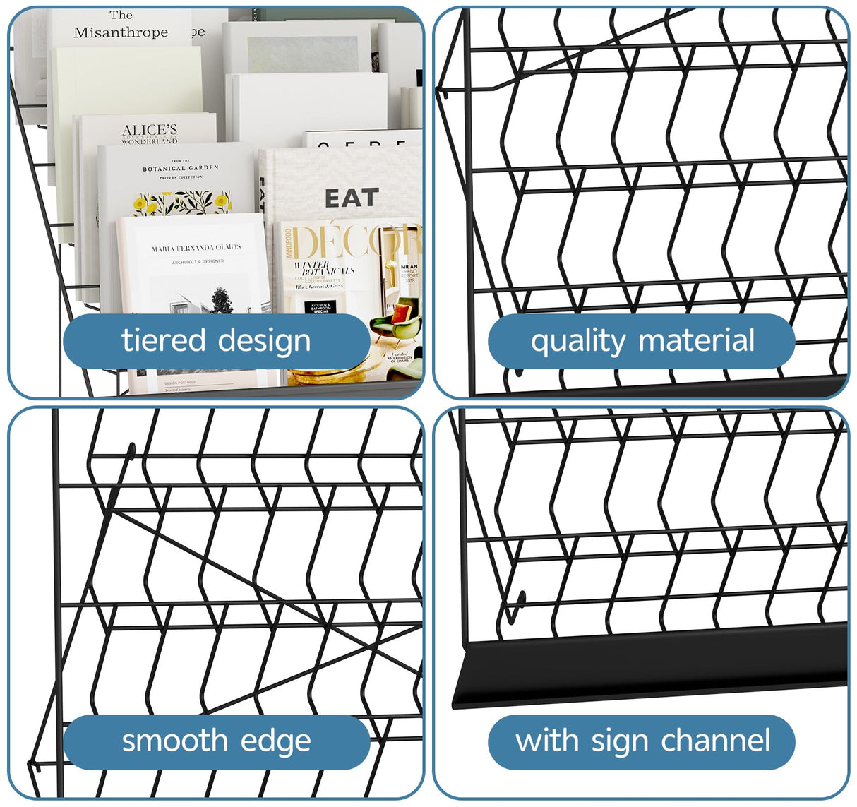 ybaymy 6-Tier 30" Wide Metal Magazine Holders,Wire Countertop Rack with Sign Channel,Retail Book Brochure Magazine Display Stand Literature Greeting CD Card Rack for Book Signing,Vendor Booth ybaymy