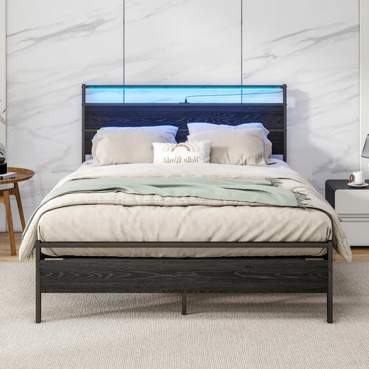 Full Size BOFENG Bed Frame with Wood Headboard, LED Lights & USB Charging Station - WoodArtSupply