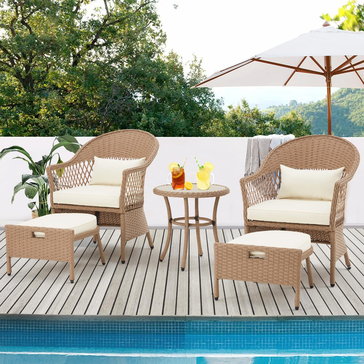 AVAWING 5 Pieces Patio Furniture Set, Outdoor Rattan Chairs with Round Glass Coffee Table, Ottomans & Soft Cushions, Wicker Conversation Bistro Set for Garden, Deck, Balcony, Poolside(Beige) AVAWING