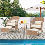 AVAWING 5 Pieces Patio Furniture Set, Outdoor Rattan Chairs with Round Glass Coffee Table, Ottomans & Soft Cushions, Wicker Conversation Bistro Set for Garden, Deck, Balcony, Poolside(Beige) AVAWING
