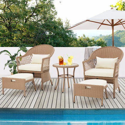 AVAWING 5 Pieces Patio Furniture Set, Outdoor Rattan Chairs with Round Glass Coffee Table, Ottomans & Soft Cushions, Wicker Conversation Bistro Set for Garden, Deck, Balcony, Poolside(Beige) - WoodArtSupply