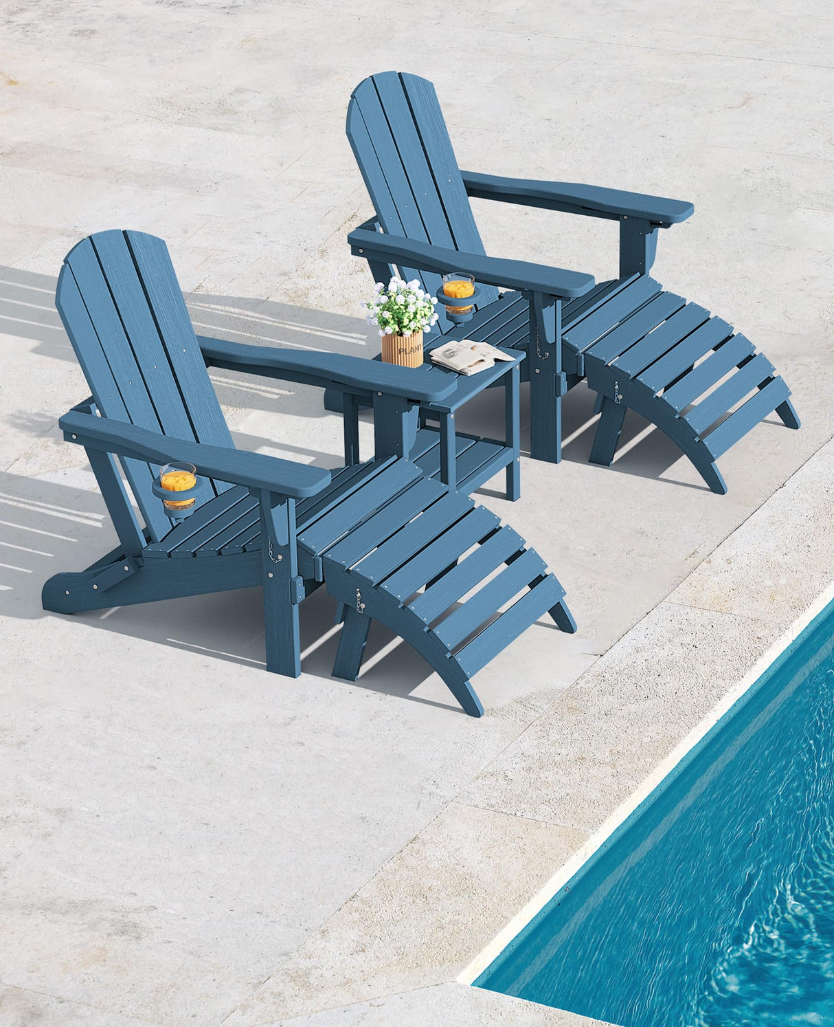 SERWALL 5-Piece Adirondack Chair and Ottoman and Table Set, HDPE Weather Resistant Adjustable Backrest Adirondack Chair with Ottoman and Side Table, Navy SERWALL