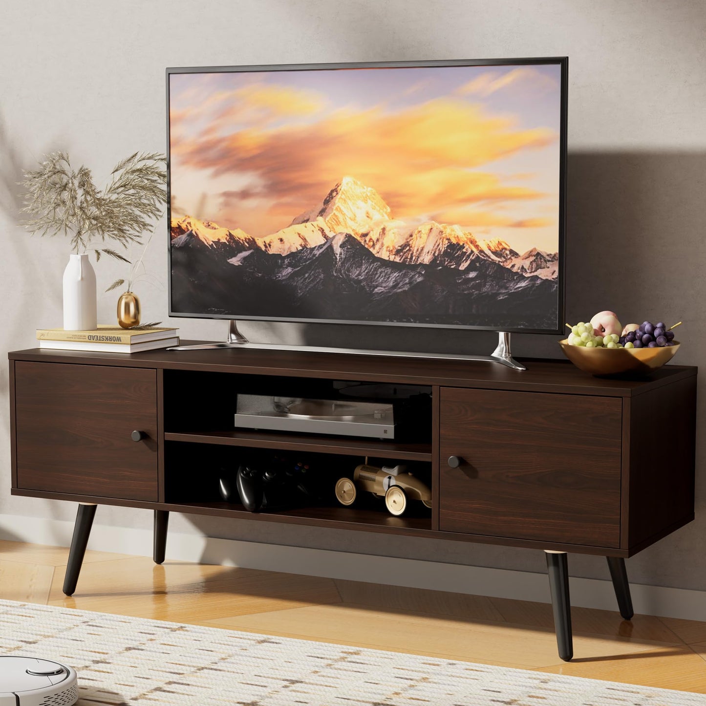 Cozy Castle Modern TV Stand for 55/60 inch TV, Entertainment Center with Adjustable Shelf and Storage Cabinets, TV Media Console for Living Room, Bedroom and Office, Brown