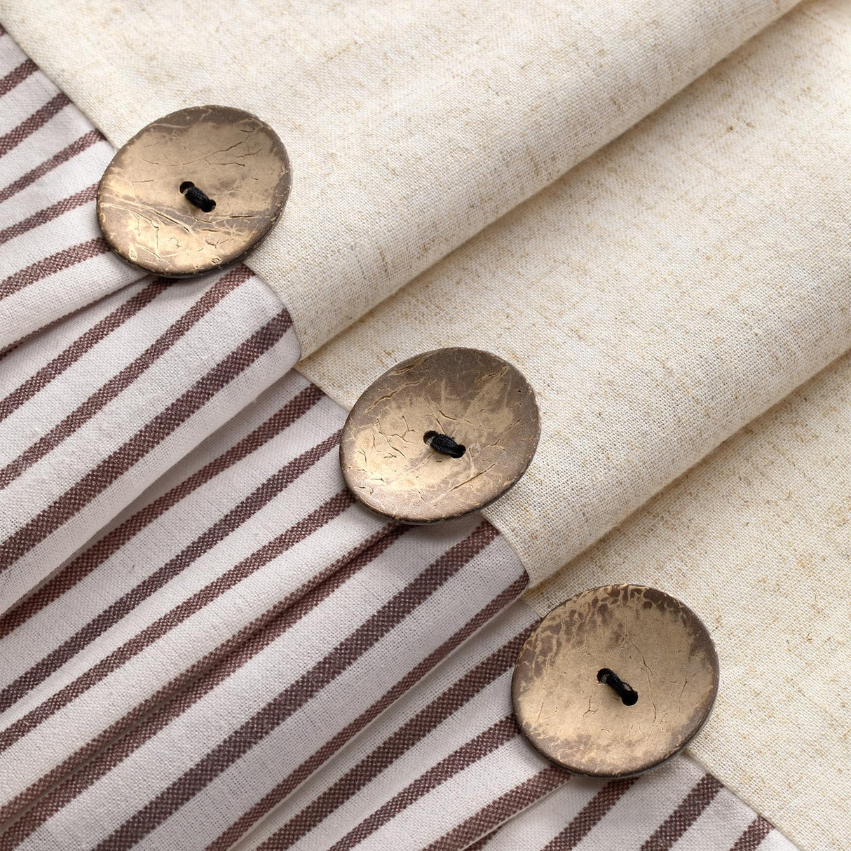 Awellife Linen Button Farmhouse Beige Shower Curtain,Linen and Cotton Woven Fabric,Pleated Brown Stripe,Country Style,72x72 Inch Awellife
