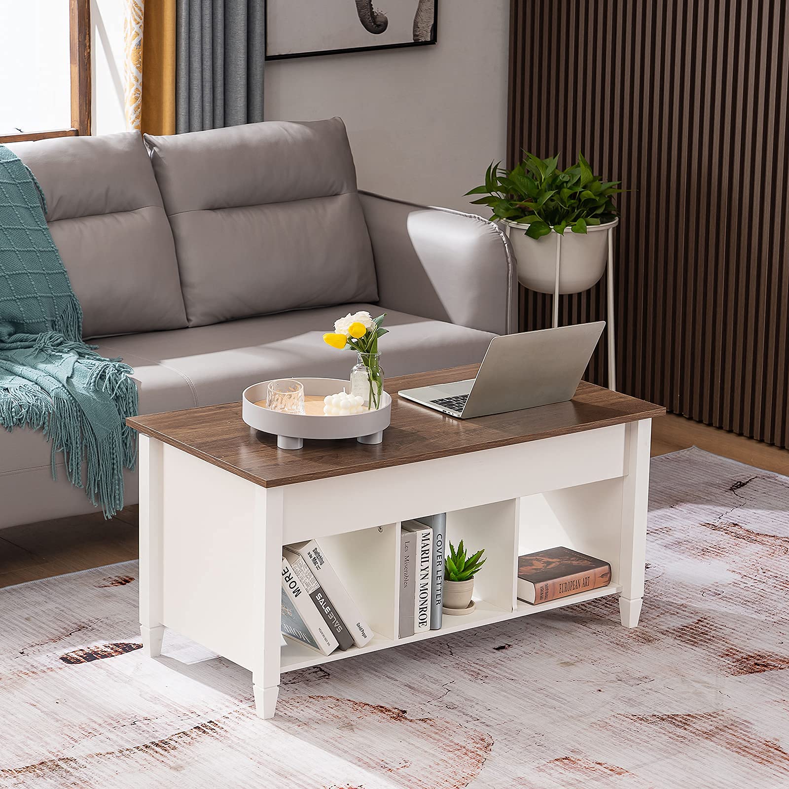 VINGLI Lift Top Coffee Table, White, with Storage Shelf/Hidden Compartment, Gas Lift Mesa De Centro para Sala Pop Up Coffee Table - WoodArtSupply