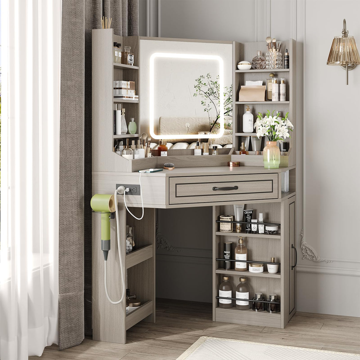 Makeup Vanity Desk, Corner Vanity Desk with HD LED Mirror, Lots Storage Shelves, 2 Drawers & Cabinets, Vanity with Charging Station, 3 Lighting Modes with Adjustable Brightness Maupvit