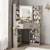 Makeup Vanity Desk, Corner Vanity Desk with HD LED Mirror, Lots Storage Shelves, 2 Drawers & Cabinets, Vanity with Charging Station, 3 Lighting Modes with Adjustable Brightness Maupvit