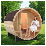 ZONEMEL Indoor and Outdoor Barrel Sauna Room with Porch, Asphalt Shingle Roof, Canadian Hemlock Wood Steam Sauna with 6KW Harvia Heater, Tempered Glass, Mostly for 6 People Sauna Bath ZONEMEL
