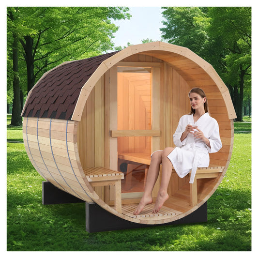 ZONEMEL Indoor and Outdoor Barrel Sauna Room with Porch, Asphalt Shingle Roof, Canadian Hemlock Wood Steam Sauna with 6KW Harvia Heater, Tempered Glass, Mostly for 6 People Sauna Bath - WoodArtSupply