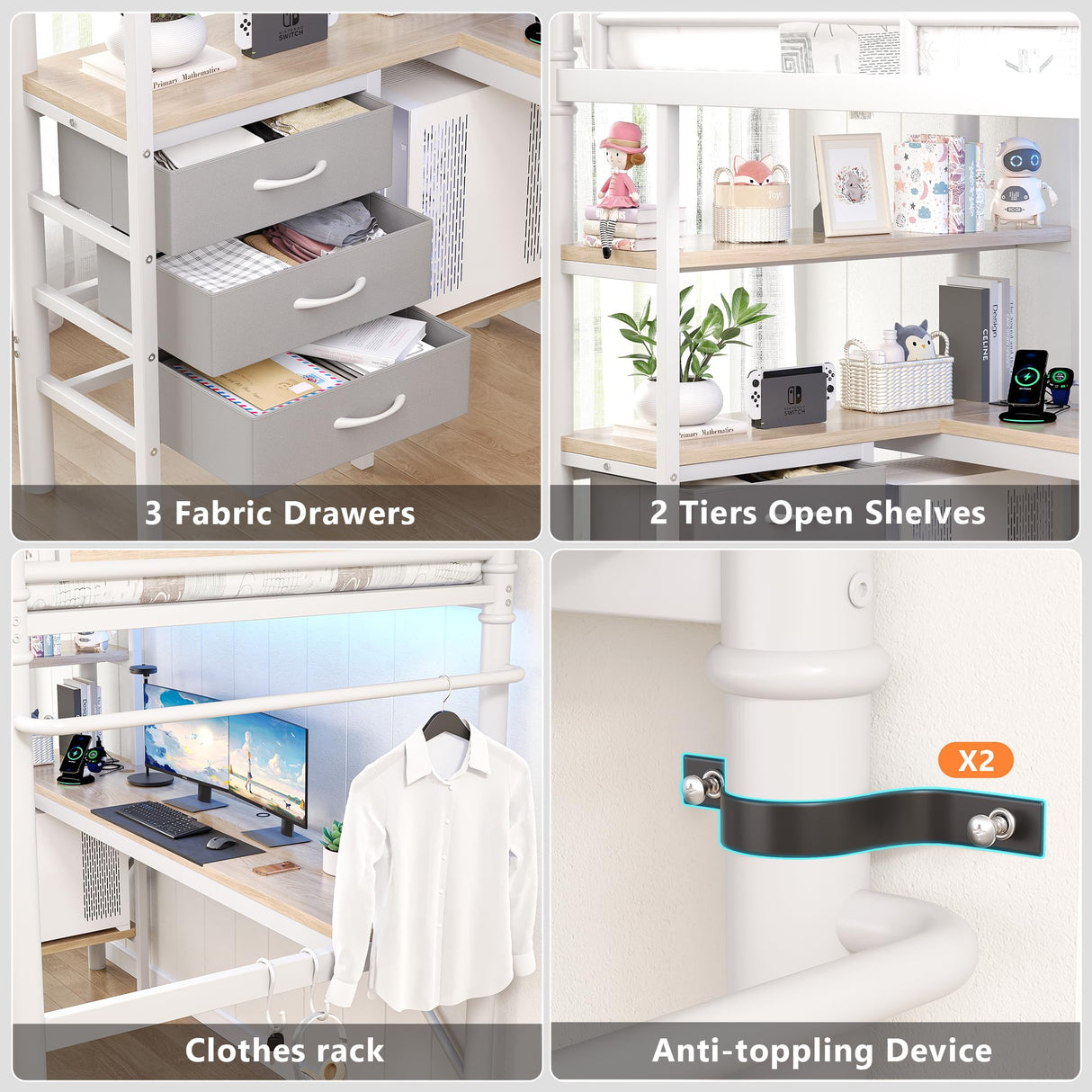 Jocoevol Twin Size Heavy Duty Metal Loft Bed with L-Shaped Desk, LED Lights,Charging Station, Industrial Loft Bed Frame with 3 Storage Shelves and 3 Fabric Drawers, Safety Guard & Ladder (White) Jocoevol