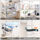 Jocoevol Twin Size Heavy Duty Metal Loft Bed with L-Shaped Desk, LED Lights,Charging Station, Industrial Loft Bed Frame with 3 Storage Shelves and 3 Fabric Drawers, Safety Guard & Ladder (White) Jocoevol