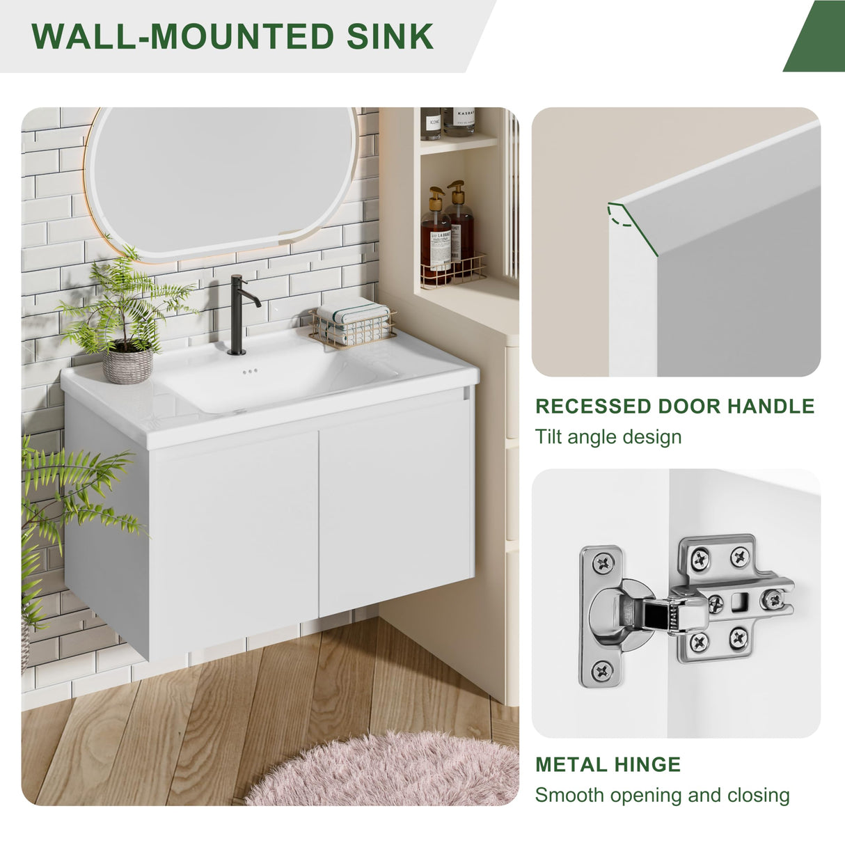 OLD CAPTAIN Bathroom Vanity with Ceramic Sink, 36 Inch Wall Mounted Bathroom Floating Vanity, Bathroom Sink Vanity with 2 Doors, Bathroom Vanity Cabinet, White OLD CAPTAIN