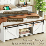 Farmhouse Full Size Bed Frame with Sliding Barn Door and Storage Bookcase, PU Leather Headboard with Charging Station and LED Light, Arc-Shaped Slats, No Box Spring Needed, No Noise, White and Walnut RALGEND