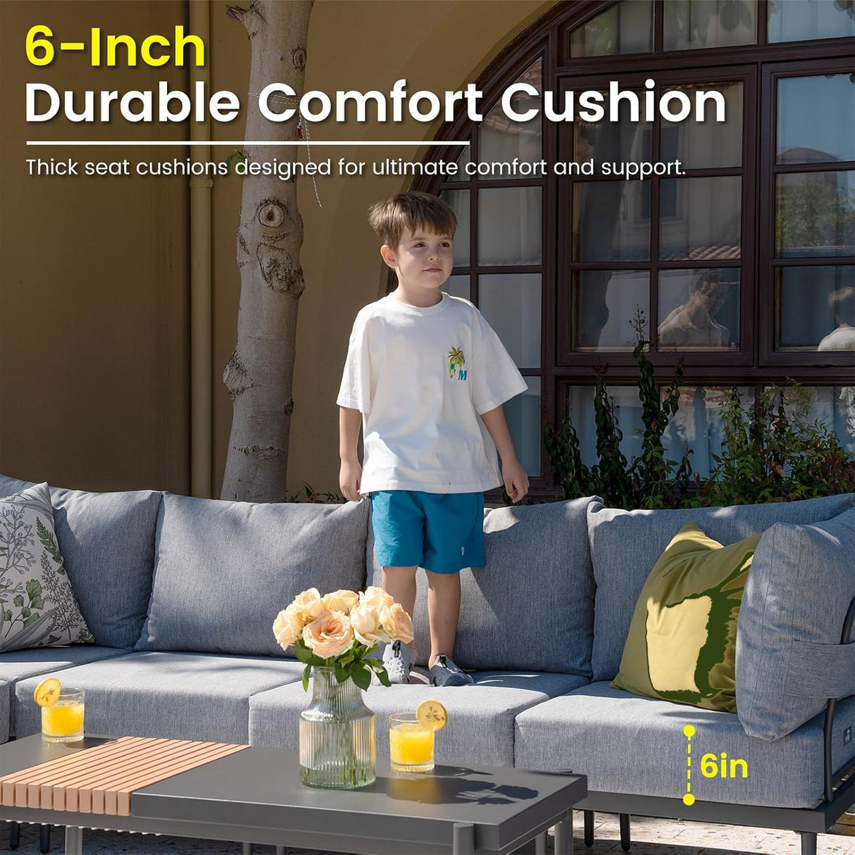 Sundale Outdoor 5 Pieces Metal Patio Furniture Set, Outdoor Sectional Sofa w/6 Inch Olefin Cushion and Coffee Table, Modern Outdoor Conversation Sets Sundale Outdoor