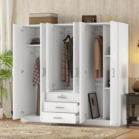BEDGJH Large Wardrobe Closet 6 Doors, 70.9" W Wooden Wardrobe Cabinet with Big Drawers, Bedroom Armoire Dresser Wardrobe Clothes Organizer (White) BEDGJH