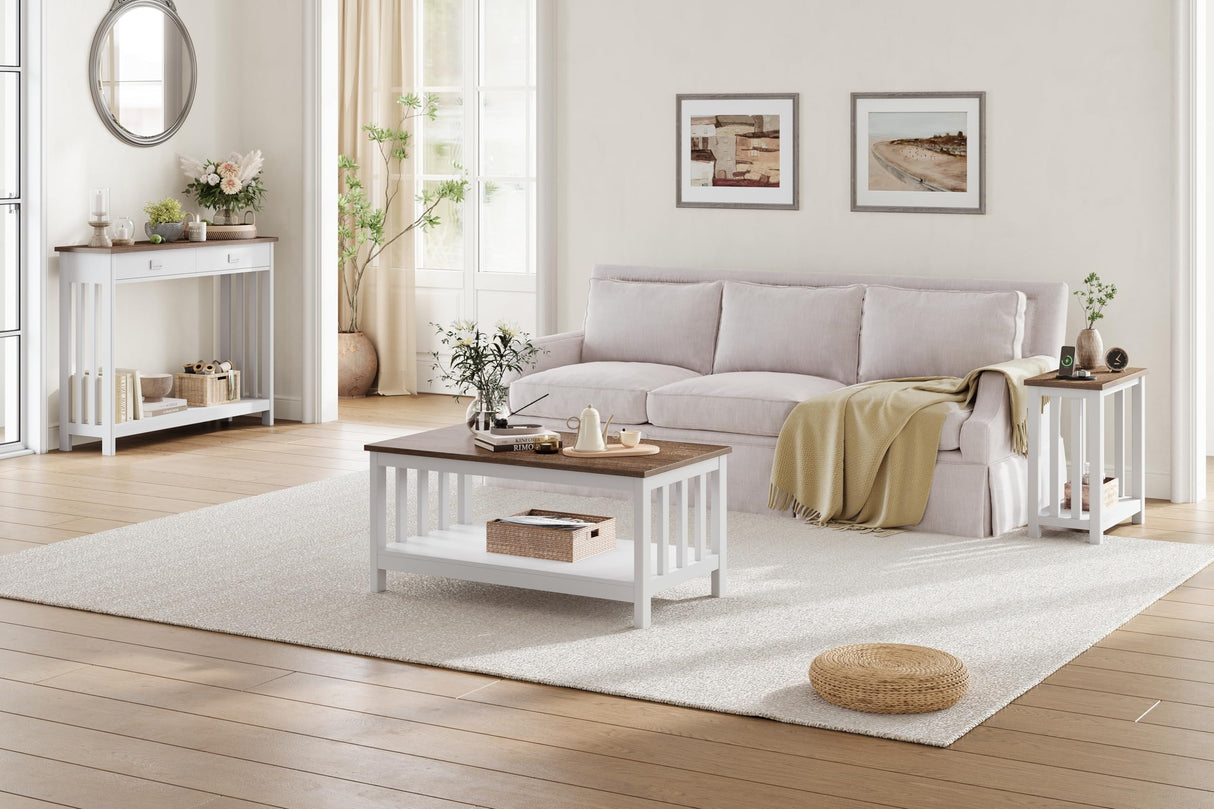 ChooChoo Farmhouse End Tables Set of 2, Narrow Side Tables for Small Spaces, Night Stands with Storage Shelf for Living Room and Bedroom, White and Brown ChooChoo