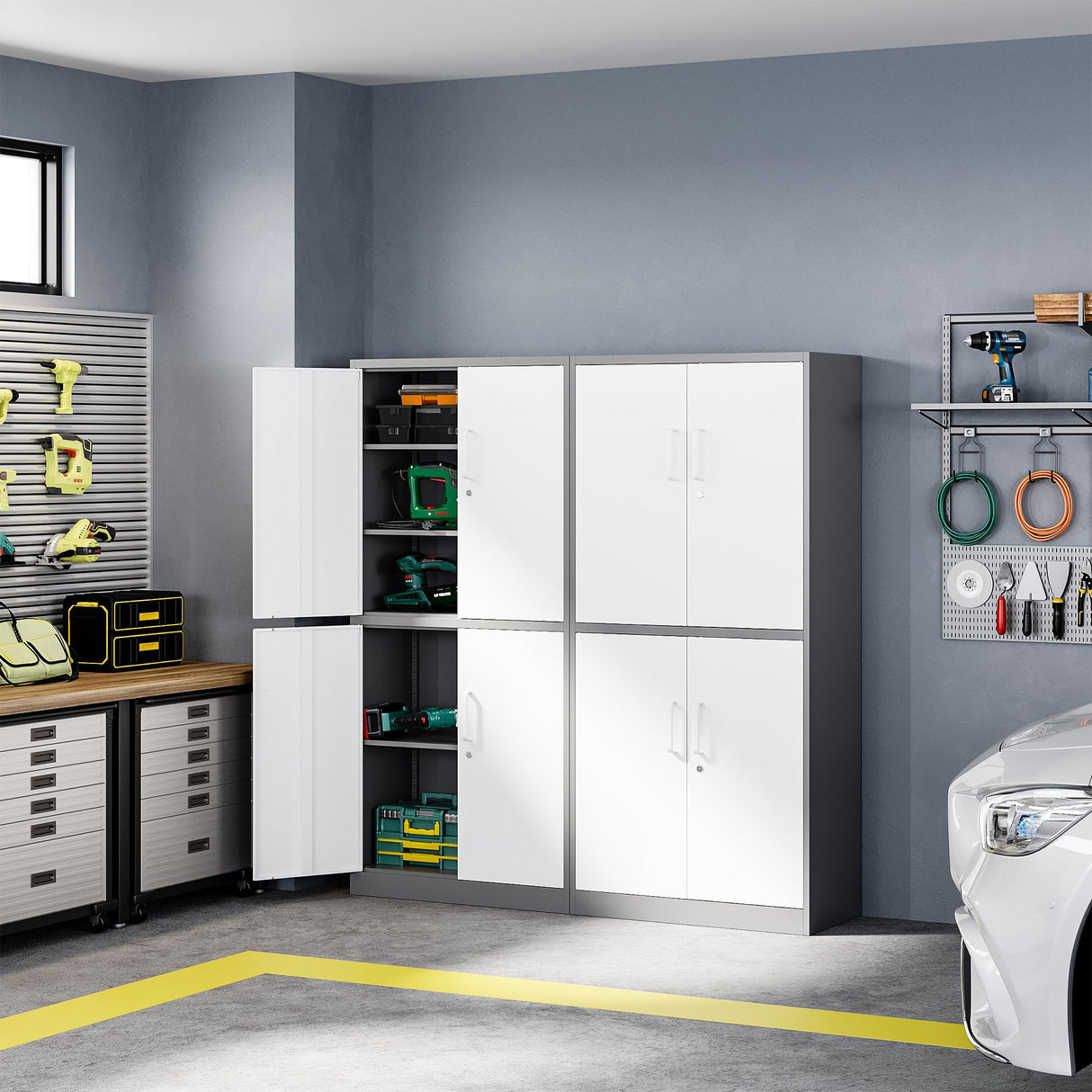 Letaya Metal Storage Cabinet with Lock Door, Adjustable Shelf Steel Cabinets for Office, Home,Pantry,Kitchen,Garage Utility Cabinet (4 Door-White&Gray) Letaya