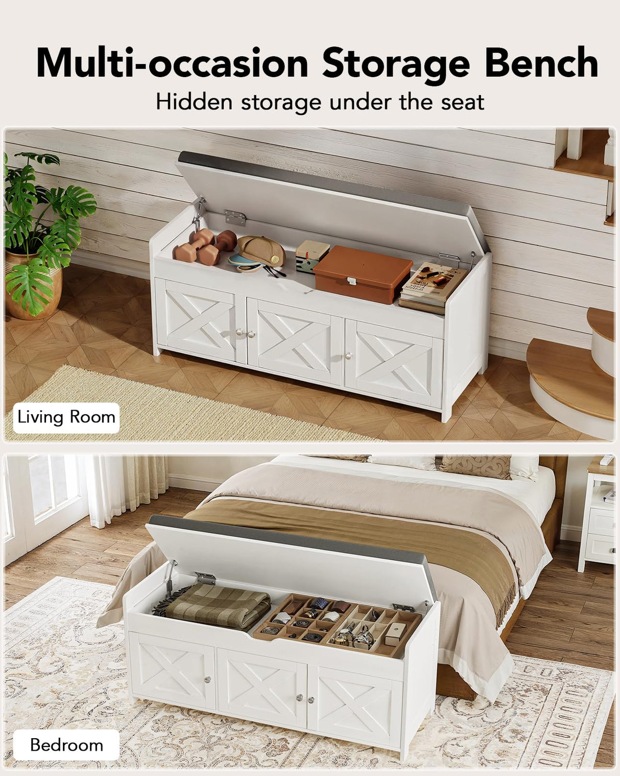 Pipishell 2-Tier Shoe Storage Bench with Cushioned Seat, Entryway Bench with Adjustable Shelf & Barn Doors, 300 lbs Capacity, 43.4" W x 16" D x 18" H, for Entryway, Bedroom, Living Room, White Pipishell