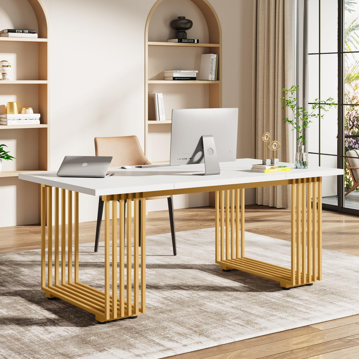 Tribesigns 70.9" Modern Office Desk, Wooden Computer Desk, White Executive Desk with Gold Metal Legs, Large Workstation for Home Office, Study Writing Desk, Small Conference Table for Meeting Room Tribesigns