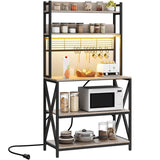 Yaheetech Kitchen Bakers Rack with Power Outlet & LED Lights, 5 Tiers Coffee Bar Table with 8 S Hooks, 64 Inches Tall Microwave Oven Stand with Storage for Spices, Pots, Gray Yaheetech