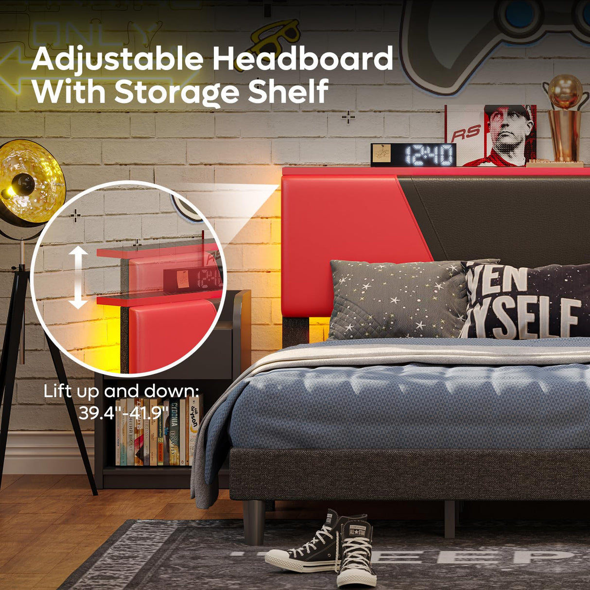 Bestier Queen Bed Frame with Headboard and LED Light, Faux Leather Upholstered Platform Bed with Storage Shelf, Gaming Style Bed Base, Wood Slat Support, Never Squeaks, No Box Spring(Black-Red) Bestier