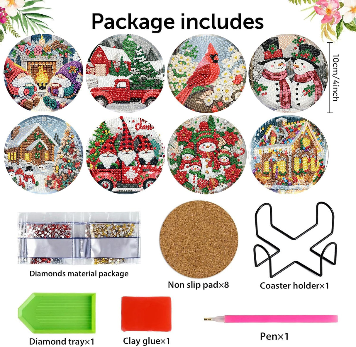 8 Pieces Christmas Diamond Art Coasters Kit, Christmas Diamond Painting Coasters, Diamonds Art Painting Kits, 5D DIY Full Drill Diamonds Arts Kits for Adults Gift & Home Decor croshom