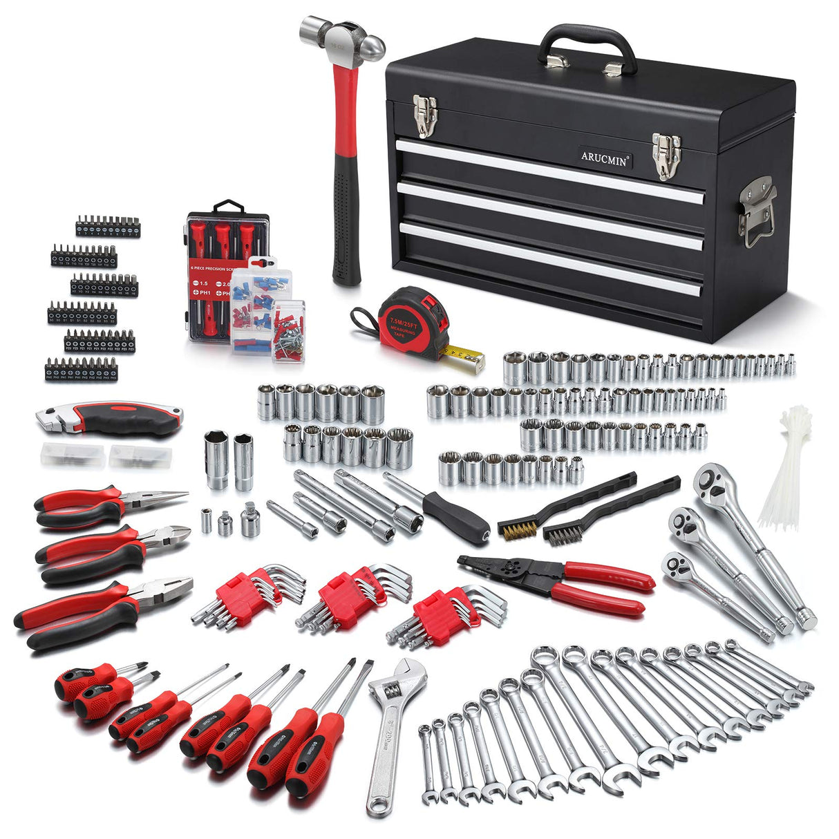 ARUCMIN 438-Piece Mechanics Tool Set with 3-Drawer Heavy Duty Metal Box Repair Tool Kit ARUCMIN