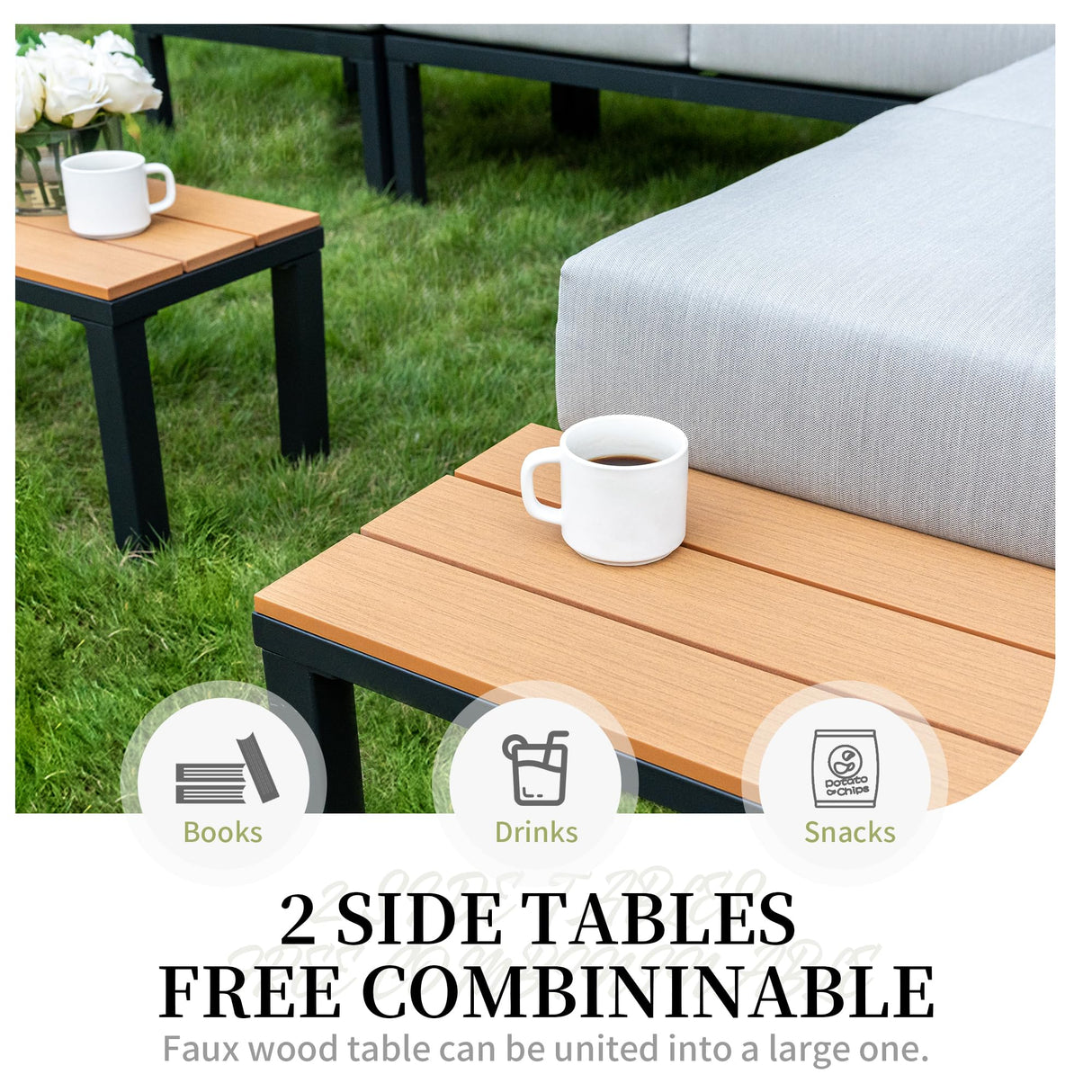 PIZZELLO Patio Furniture Sets Metal Frame All Weather Outdoor Sectional Patio Sofa Convertible Patio Seating Sofas with 6" Cushions and Faux Wood Coffee Table(Beige) PIZZELLO