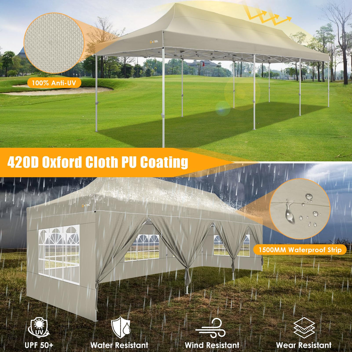 HOTEEL Tents for Parties 10x30 Pop Up Canopy Tent Heavy Duty with 8 Sidewalls, Commercial Party Tent Event Wedding Instant Canopy Waterproof with Carry Bag, UV 50+, Thicked Hexagonal Legs, Khaki Hoteel