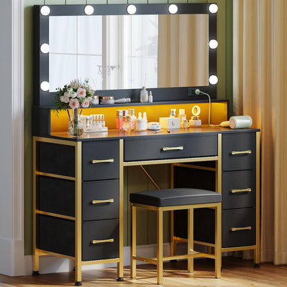 Rolanstar Vanity Desk with Mirror and Lights, Makeup Vanity with Upholstered Vanity Stool, 7 Fabric Drawers, 9 LED Bulbs, Vanity Set with Power Outlets, RGB Strip Lights for Bedroom, Black and Gold