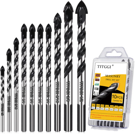 Professional Masonry Drill Bit Set (10PCS) for Glass/Brick/Plastic/Cement/Wood/Tile/Etc, Industrial Strength Carbide Drill Bit Tip, 1/8"-1/2" by TITGGI TITGGI