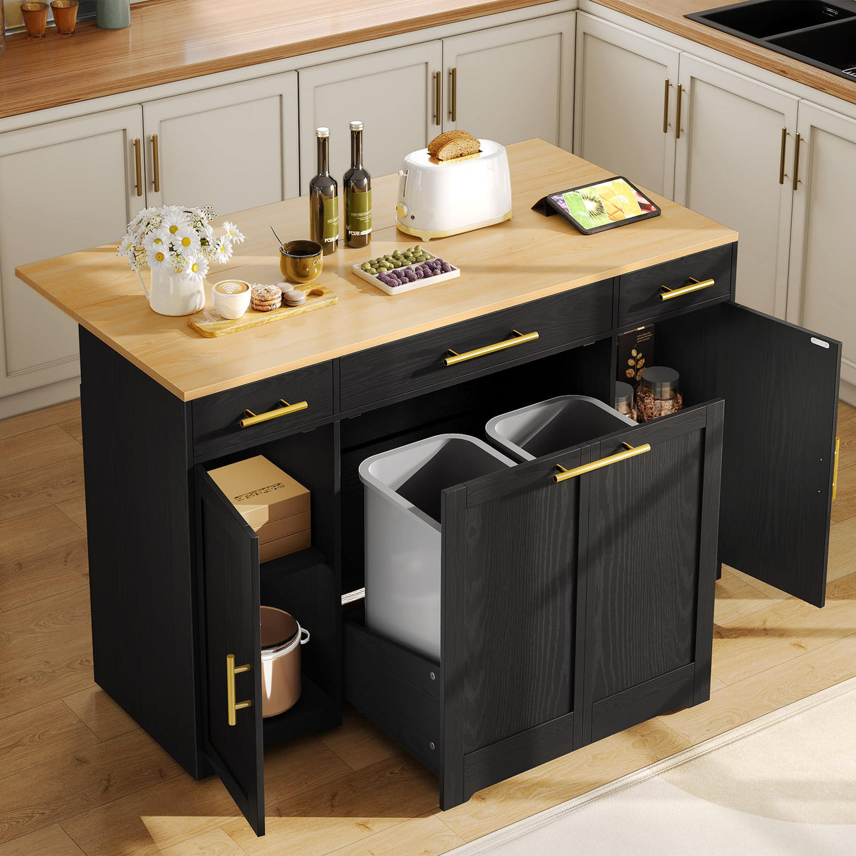 YITAHOME Kitchen Island with Drop Leaf, 55 inch Rolling Kitchen Carts, Modular Pull Out Trash Can Cabinet Fits Double 10-Gallon Garbage Bin, Mobile Island Table with 3 Drawers for Dining Room, Black YITAHOME