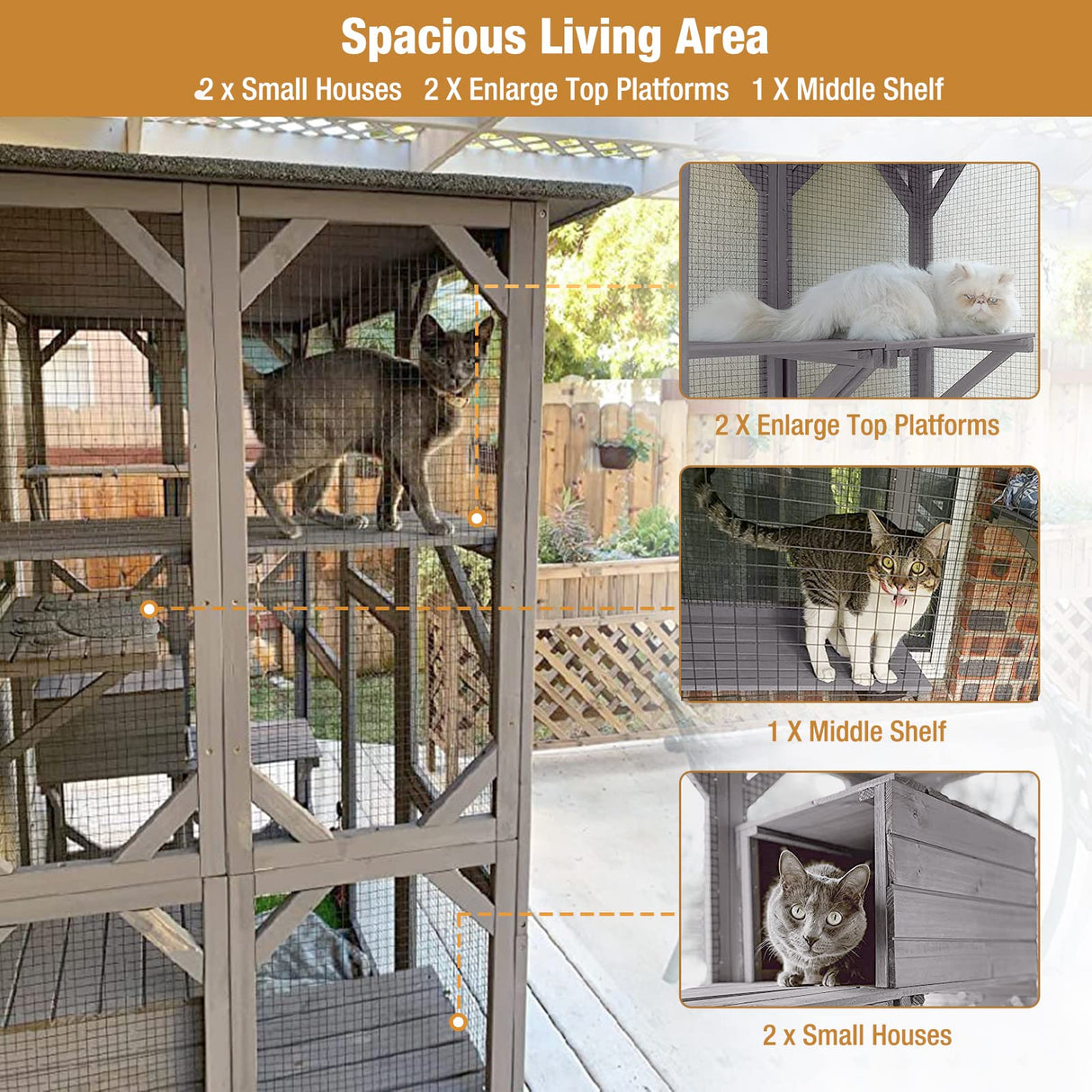 Cat Enclosure Outdoor Catios Indoor Wooden Kitty House Cat Cage with Resting Boxes, Platforms,Waterproof Roof GUTINNEEN