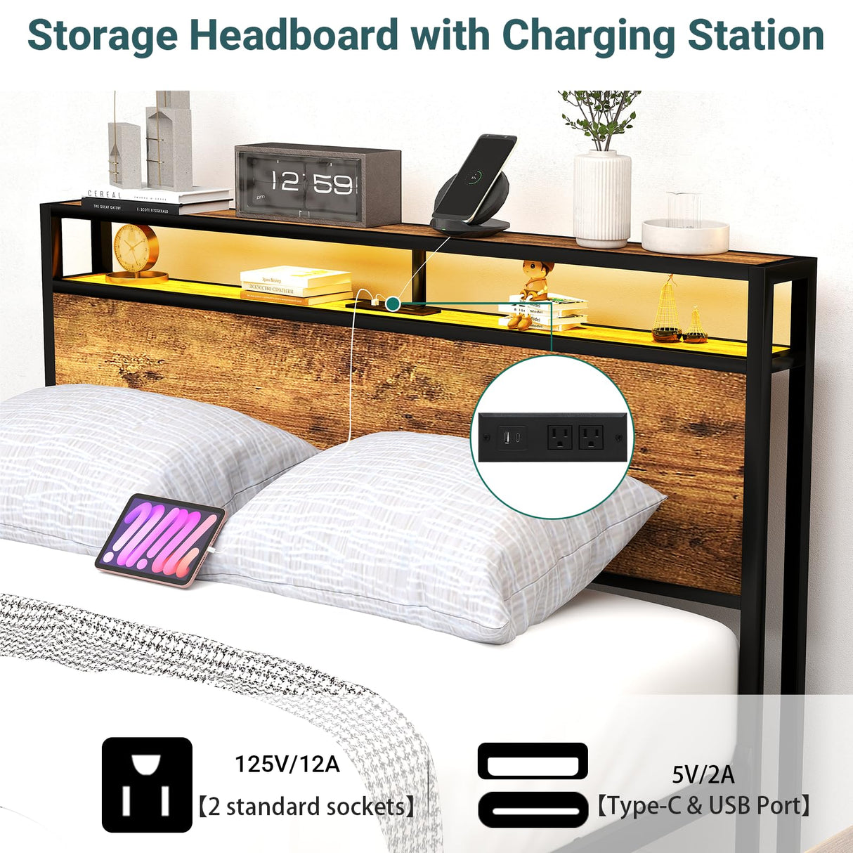 Zevemomo Queen Bed Frame with 8 Storage Drawers, Queen Metal Bed Frame with LED Light and Charging Station, Heavy Duty Metal Slats, No Box Spring Needed, Rustic Brown Zevemomo