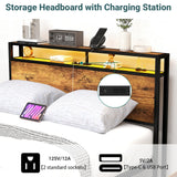 Zevemomo Queen Bed Frame with 8 Storage Drawers, Queen Metal Bed Frame with LED Light and Charging Station, Heavy Duty Metal Slats, No Box Spring Needed, Rustic Brown Zevemomo