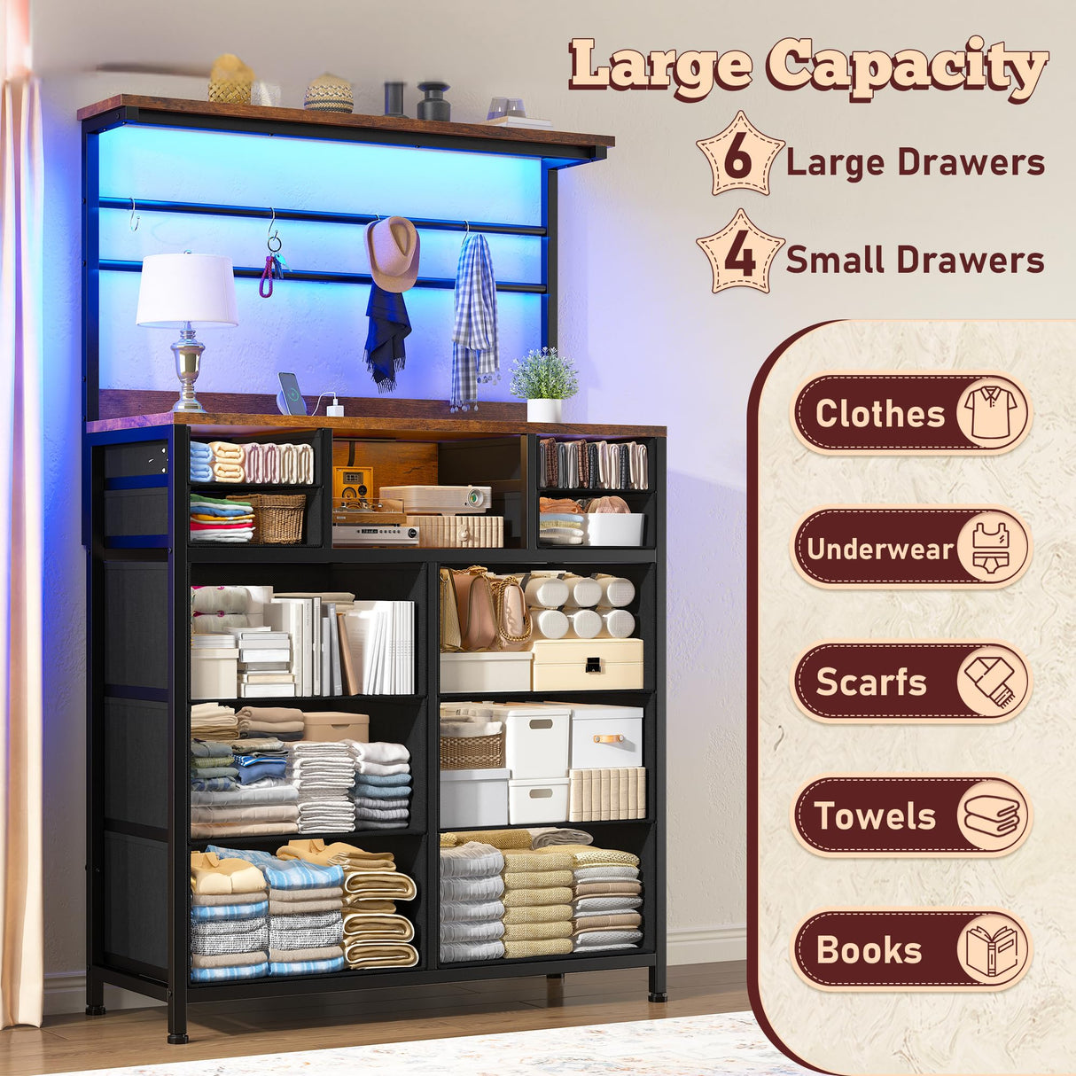 63" H Dresser for Bedroom with 10 Drawers, Fabric Dresser with Charging Station and LED Lights,Dressers & chests of Drawers with Open Shelves for Bedroom, Entryway, Rustic Brown EnHomee