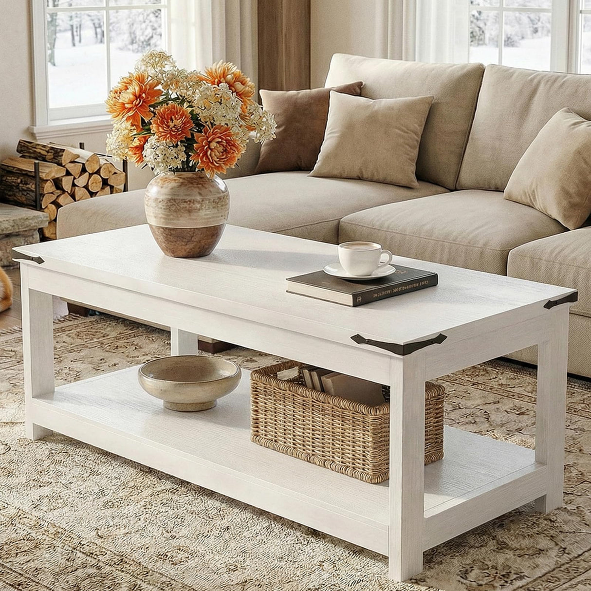 Homieasy Coffee Table with Storage Shelf, 43.3” Farmhouse Wood Coffee Tables for Living Room, Modern Center Tea Table, White