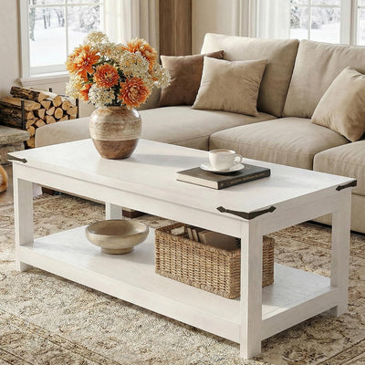 Homieasy Coffee Table with Storage Shelf, 43.3” Farmhouse Wood Coffee Tables for Living Room, Modern Center Tea Table, White