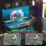 Aheaplus 47.2'' Black Oak Gaming Desk with LED Lights, Hutch, and Power Outlets Aheaplus