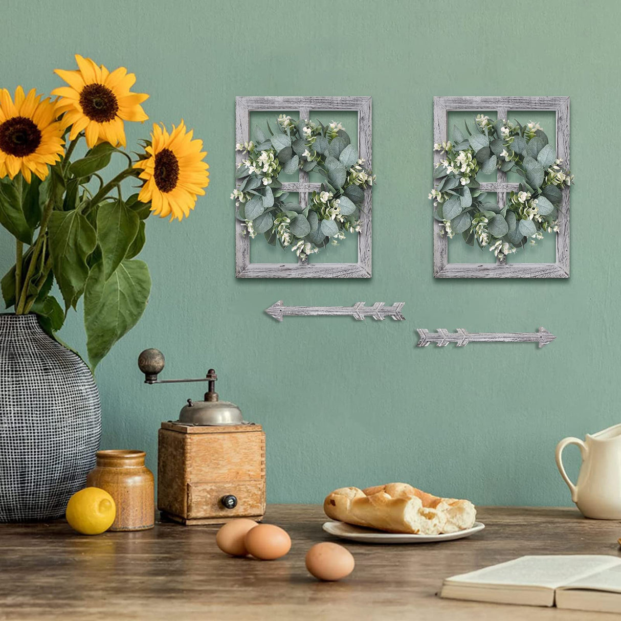 WAKOSAN Rustic Wood Window Frame with Green Wreath and Arrows Wall Decor，Farmhouse Window Frame Wall Decor, Wooden Fake Window Decoration,Window Pane Wall Decor,Set of 2 (White) WAKOSAN