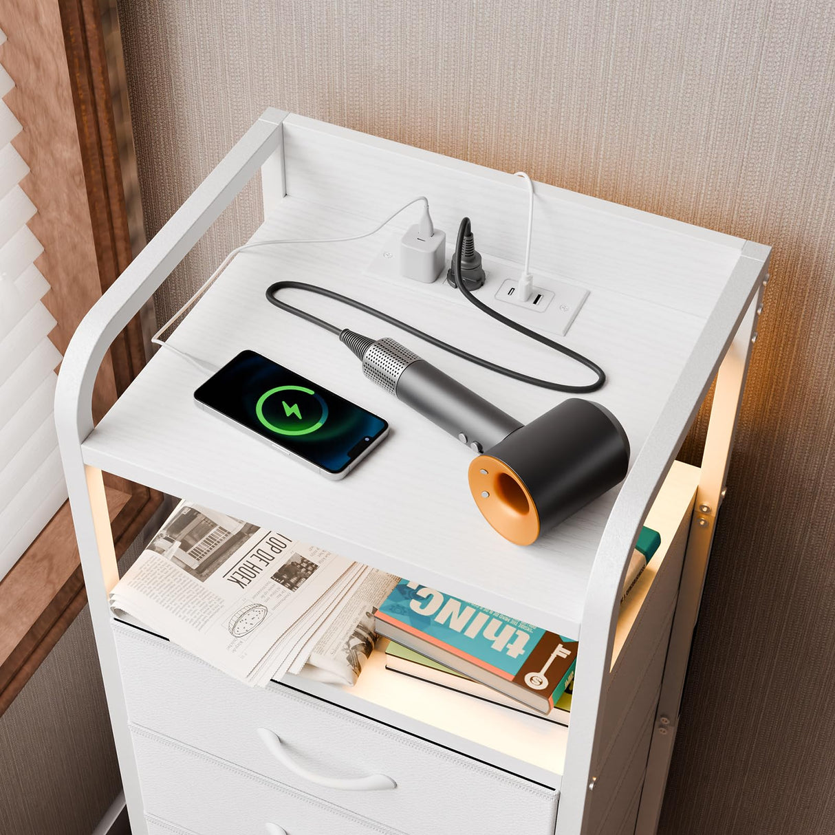 Fixwal Tall Dresser with 5 Drawers for Bedroom, 40 Inch LED Tall Nightstand with Charging Station, Night Stand White Dresser with PU Finish, Bedside Table for Dorm Fixwal